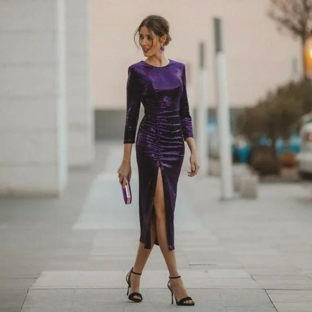 ZARA SEQUIN MIDI DRESS PURPLE